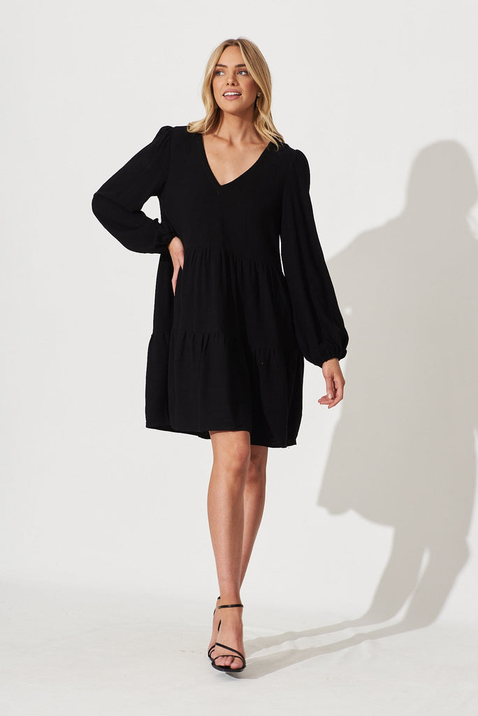 Trixie Tiered Smock Dress In Black Linen - full length