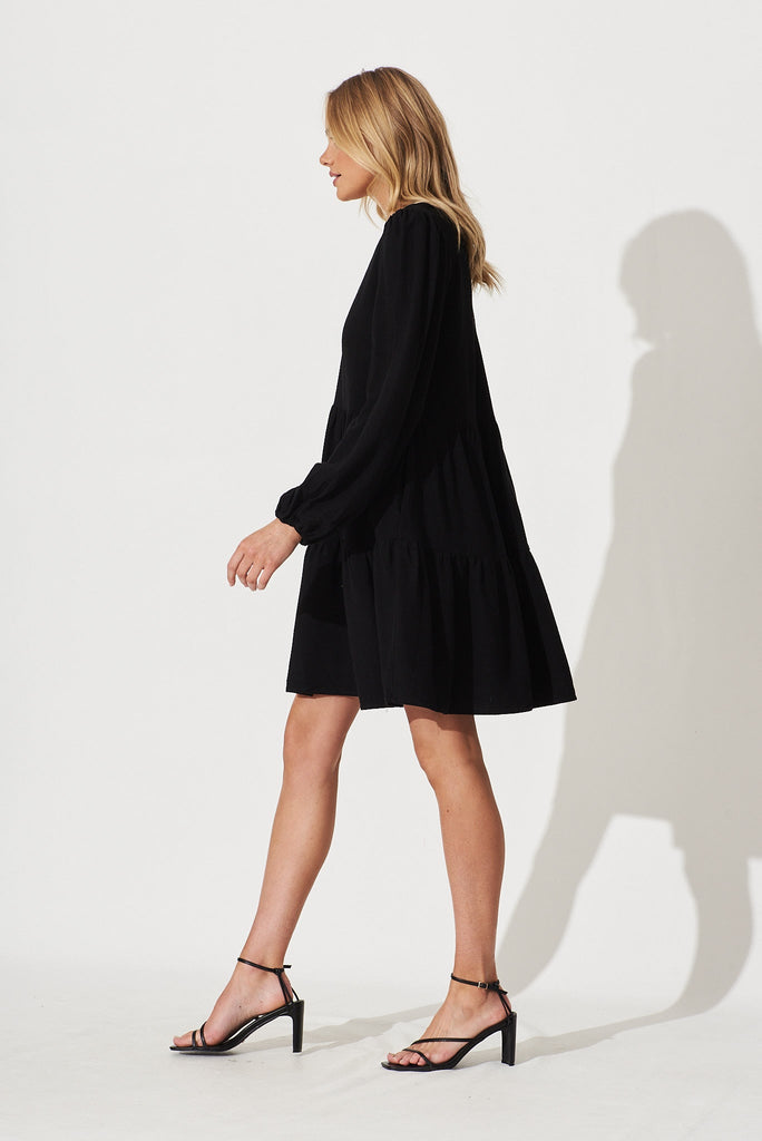 Trixie Tiered Smock Dress In Black Linen - side