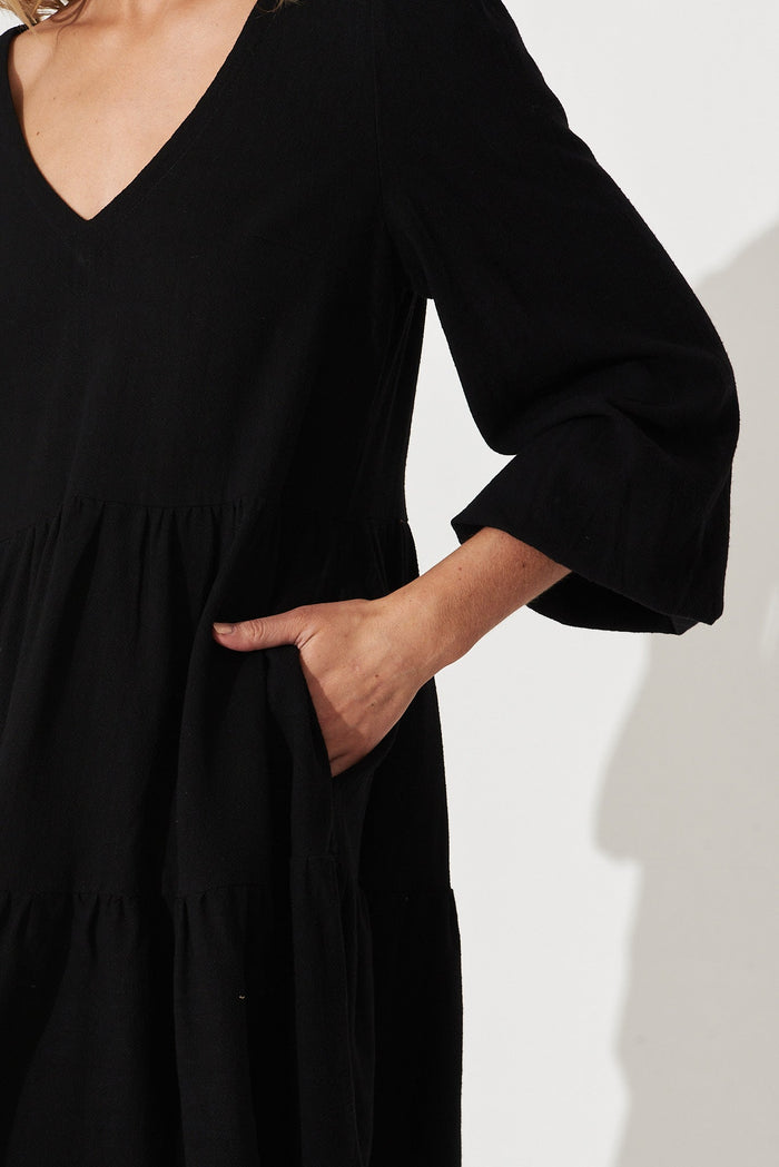Trixie Tiered Smock Dress In Black Linen - detail