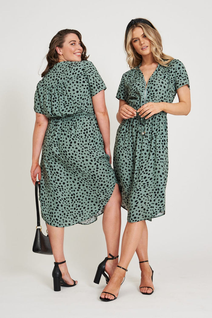 Go Getter Zip Dress In Dusty Green With Black Speckle