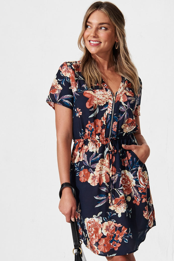Now or Never Dress in Navy with Rust Floral - front
