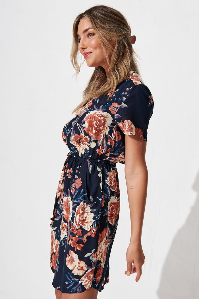 Now or Never Dress in Navy with Rust Floral - side