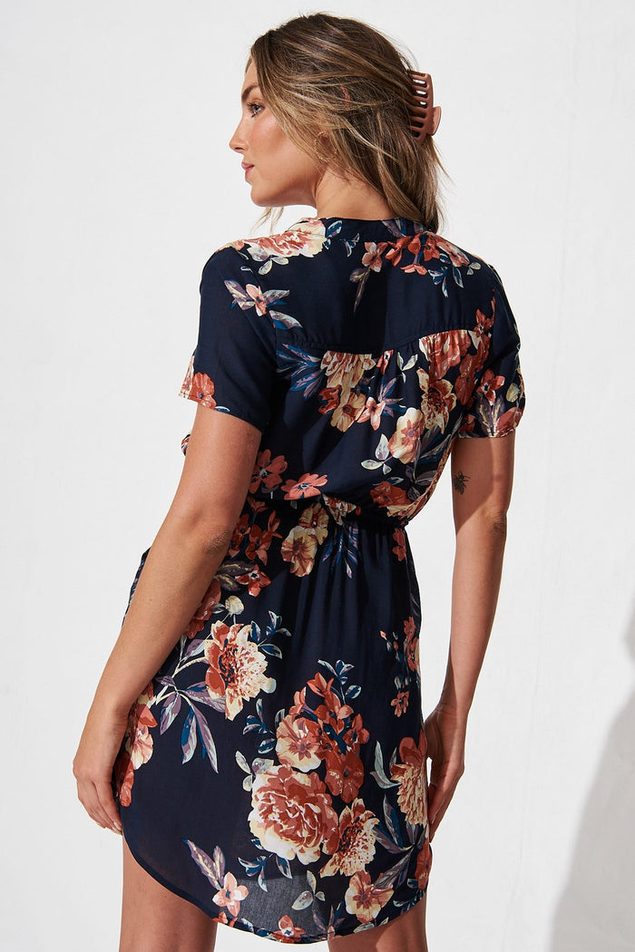 Now or Never Dress in Navy with Rust Floral - back