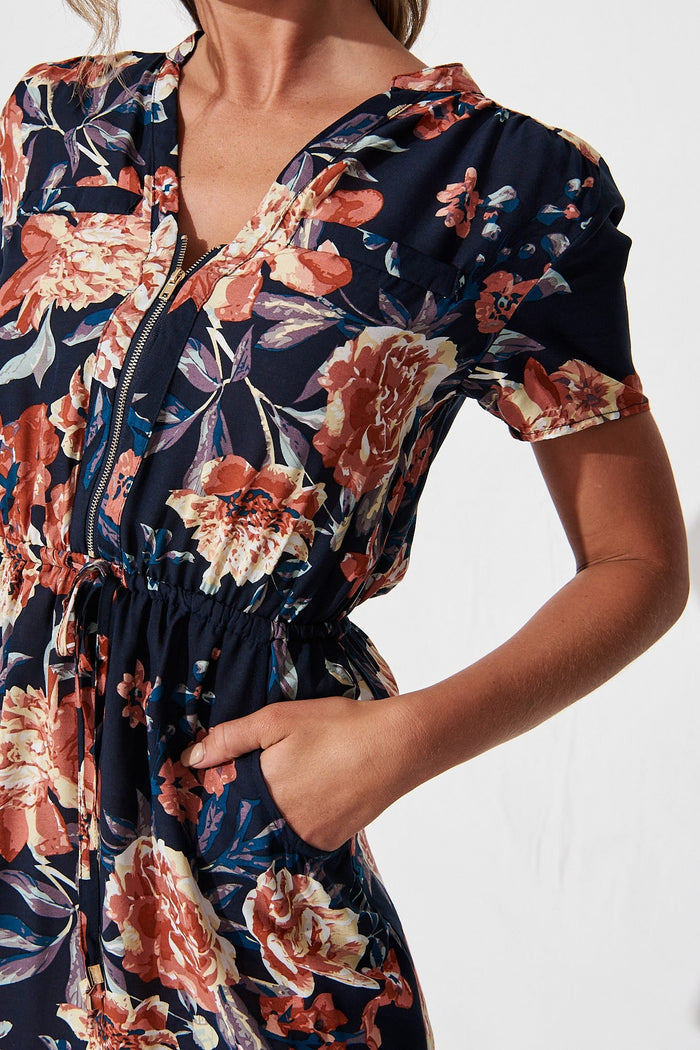 Now or Never Dress in Navy with Rust Floral - detail