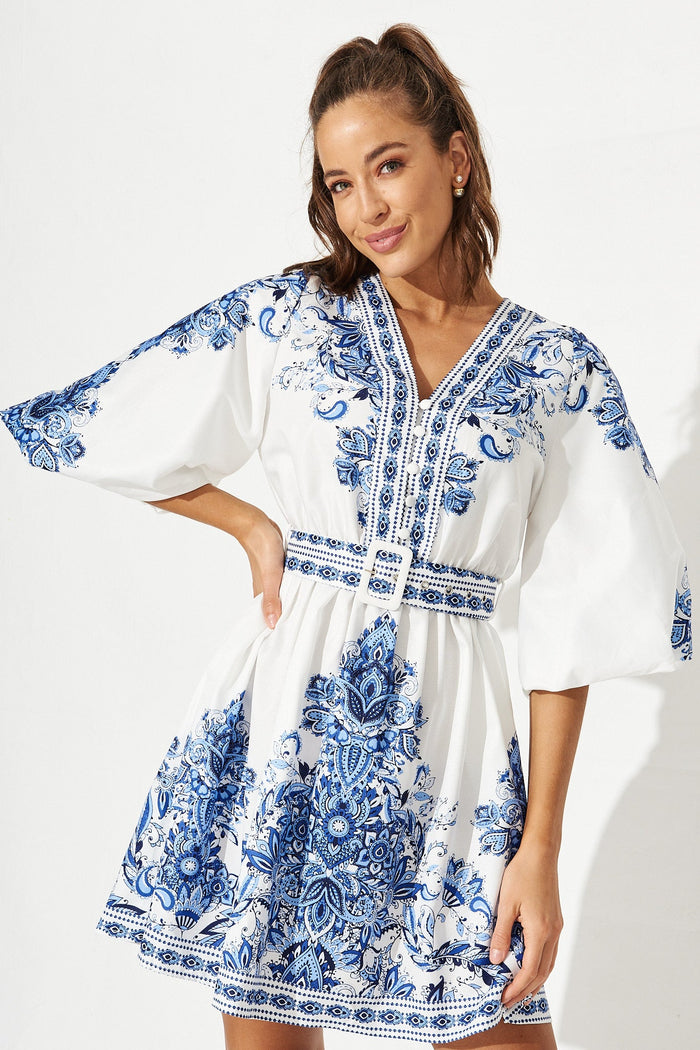 Amira Shirt Dress In White With Blue Print - St Frock (Dev)