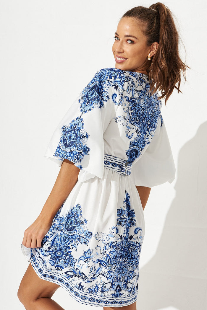 Amira Shirt Dress In White With Blue Print - St Frock (Dev)