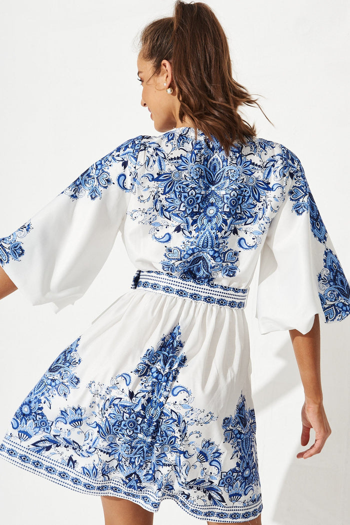 Amira Shirt Dress In White With Blue Print - St Frock (Dev)