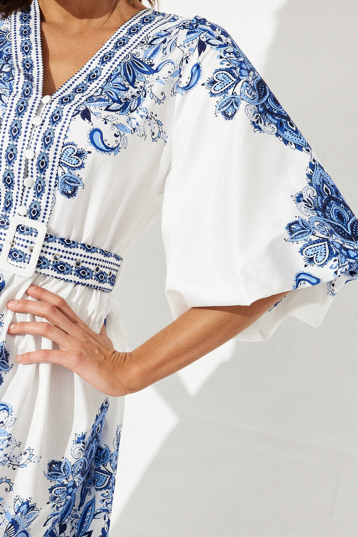 Amira Shirt Dress In White With Blue Print - St Frock (Dev)