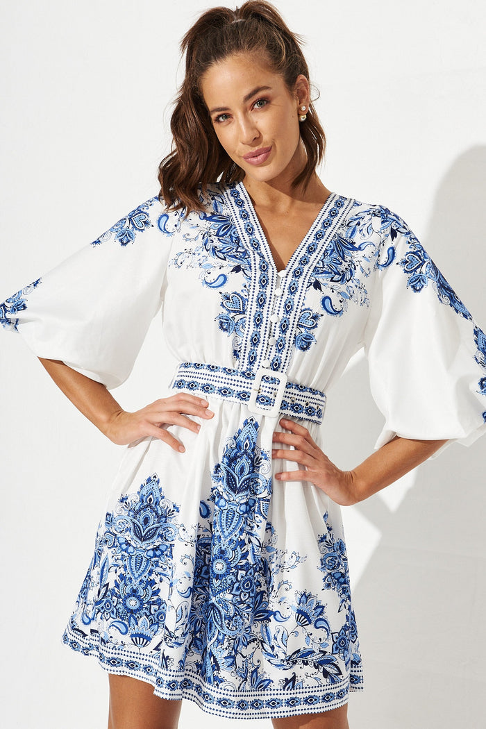 Amira Shirt Dress In White With Blue Print - St Frock (Dev)