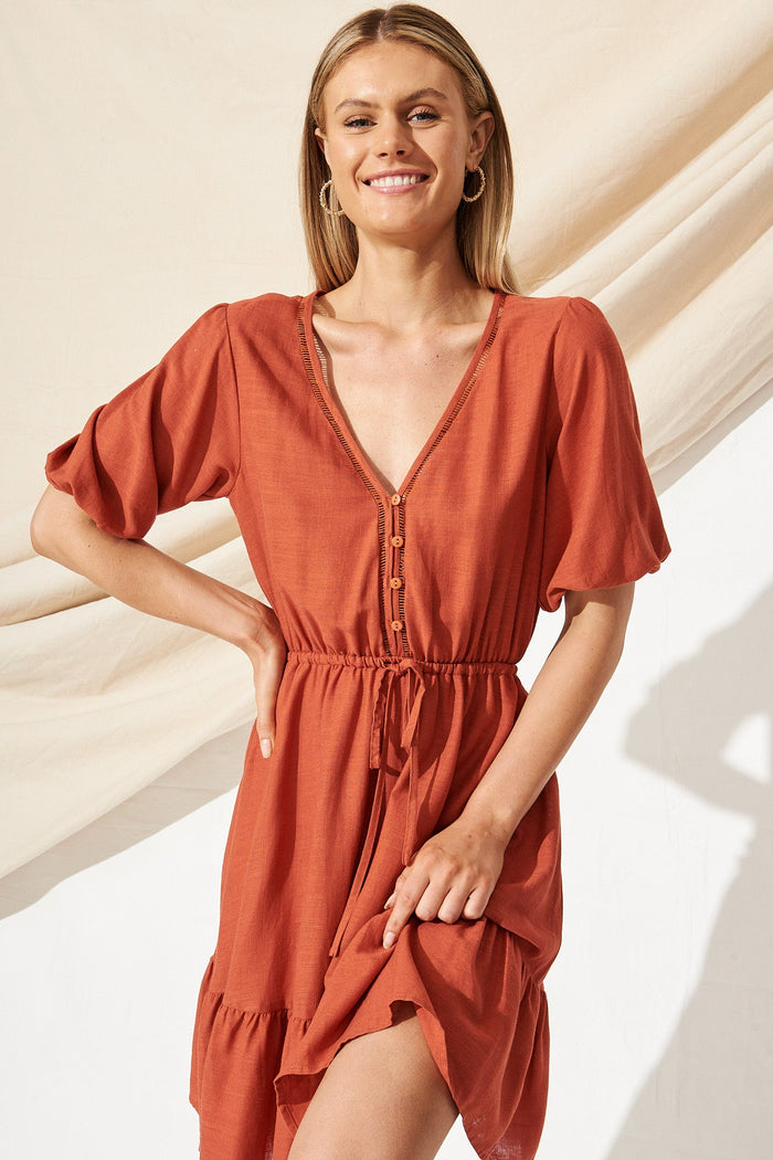 Alice Dress In Rust Linen Blend - St Frock (Dev)