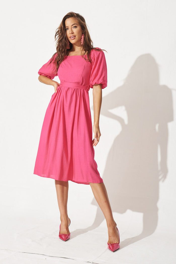 Darly Midi Dress In Fuchsia Linen Blend