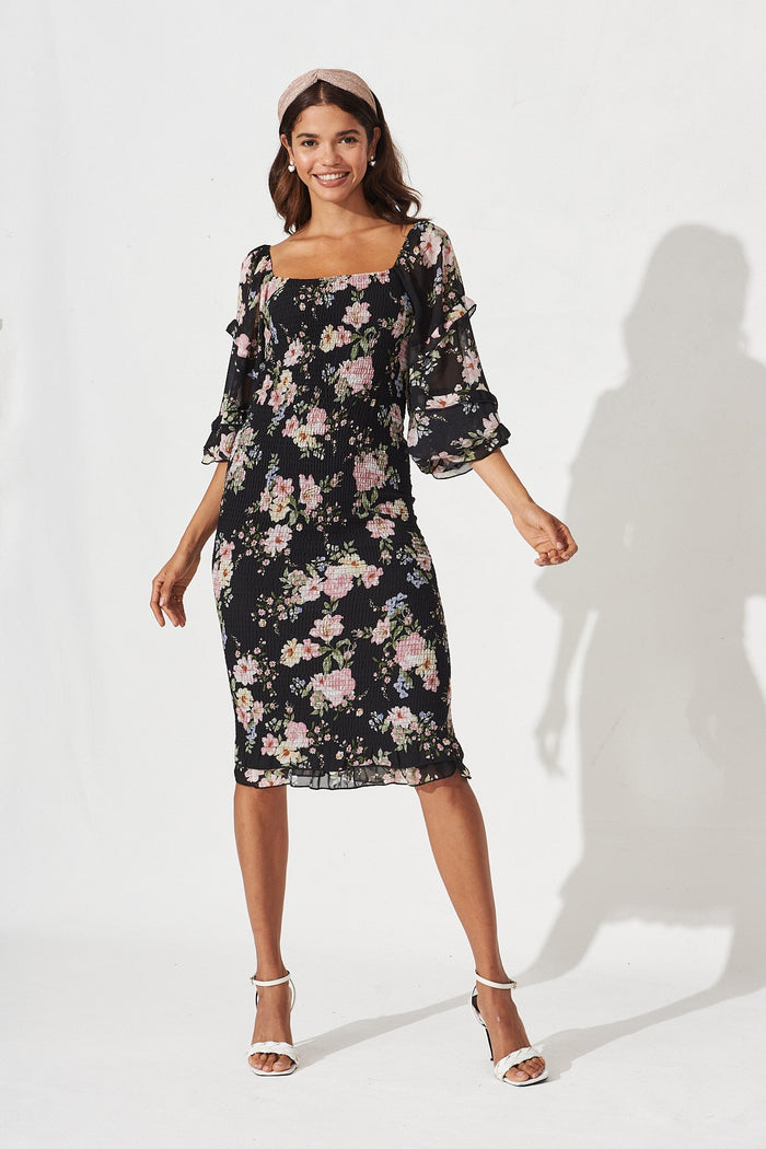 Aceline Midi Dress In Black Vintage Floral Chiffon - St Frock (Dev)