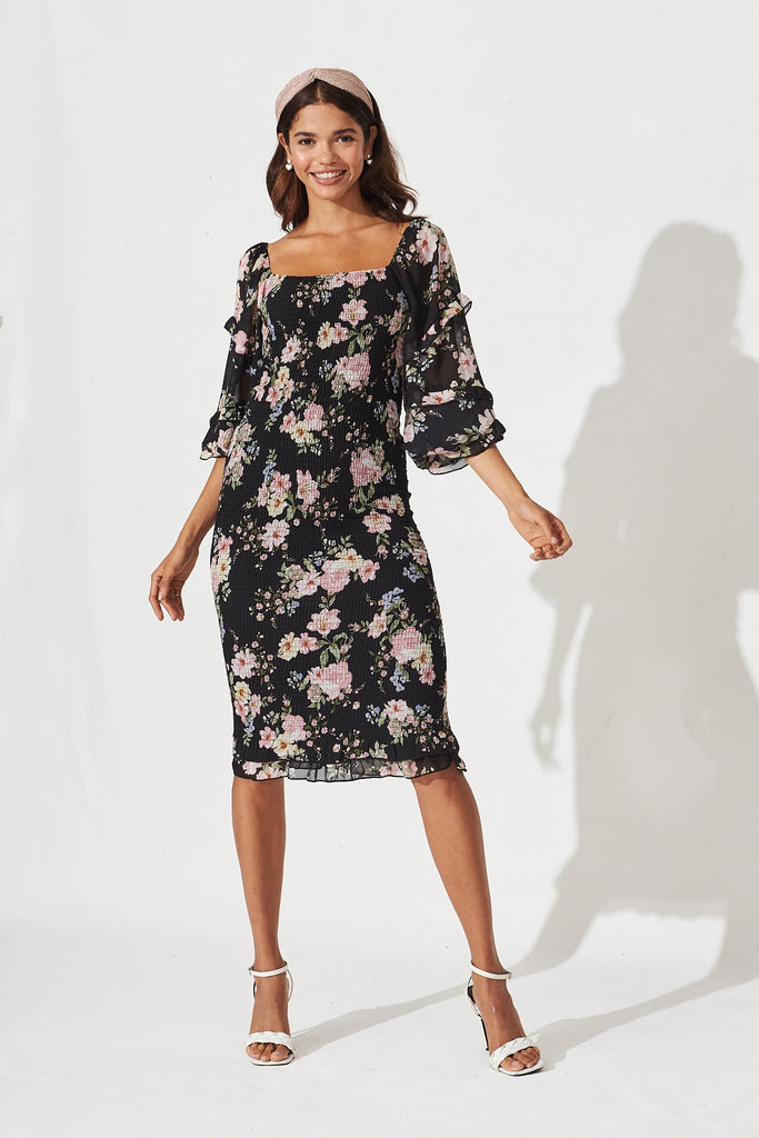 Aceline Midi Dress In Black Vintage Floral Chiffon - St Frock (Dev)