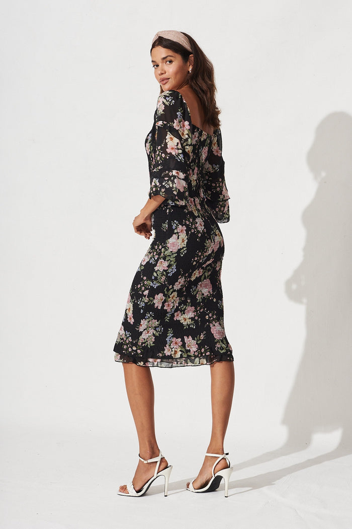 Aceline Midi Dress In Black Vintage Floral Chiffon - St Frock (Dev)