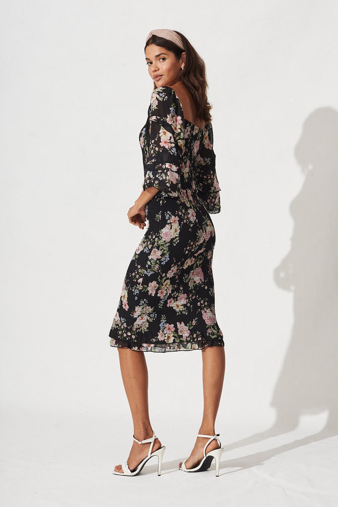 Aceline Midi Dress In Black Vintage Floral Chiffon - St Frock (Dev)