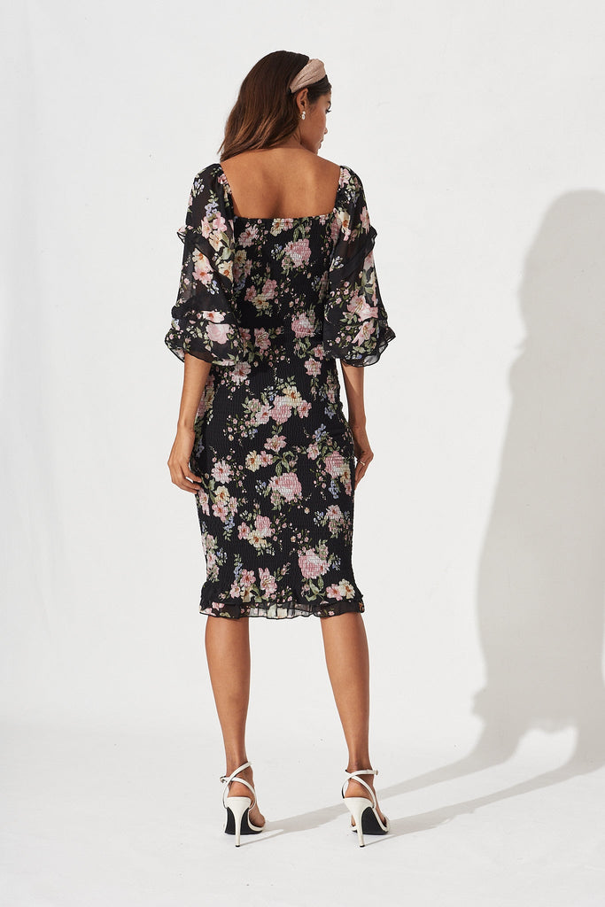 Aceline Midi Dress In Black Vintage Floral Chiffon - St Frock (Dev)