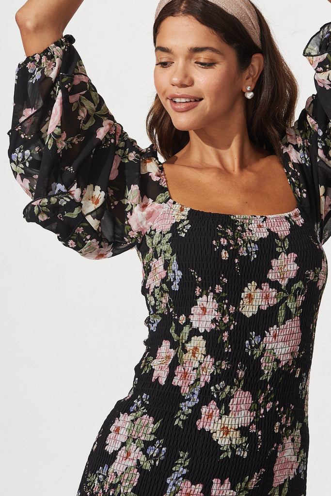 Aceline Midi Dress In Black Vintage Floral Chiffon - St Frock (Dev)