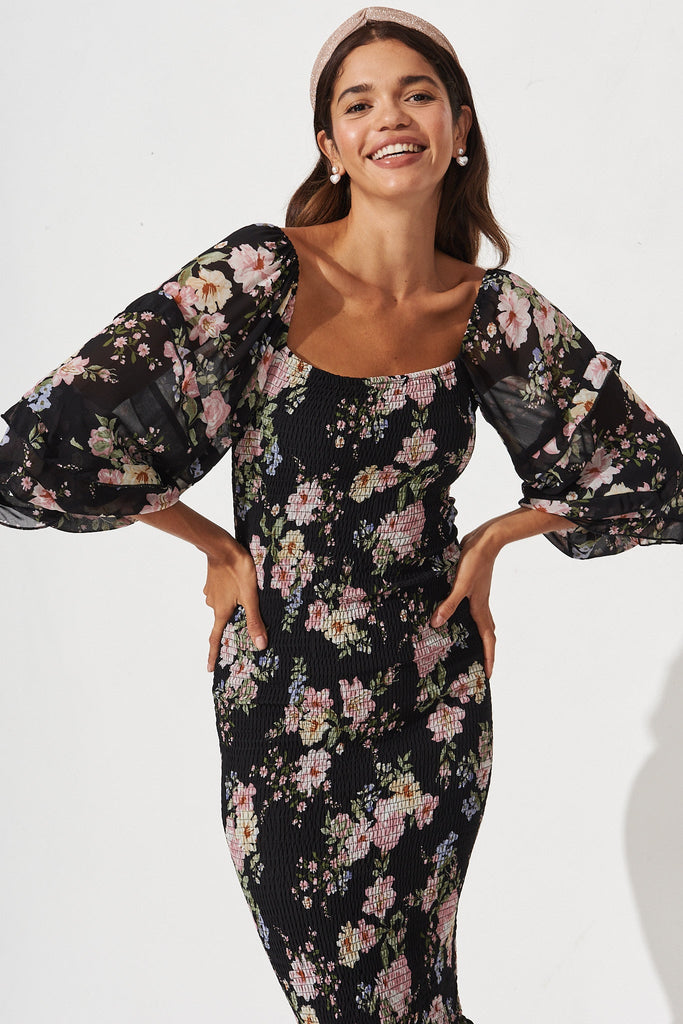 Aceline Midi Dress In Black Vintage Floral Chiffon - St Frock (Dev)