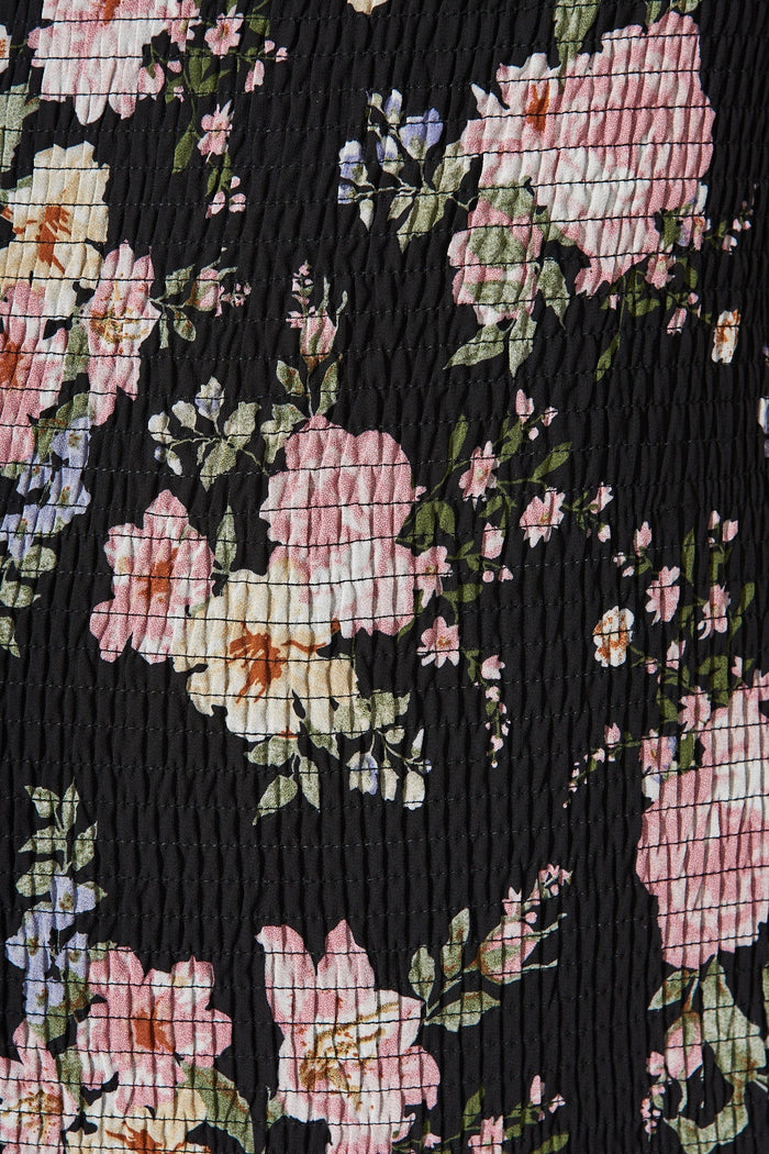 Aceline Midi Dress In Black Vintage Floral Chiffon - St Frock (Dev)