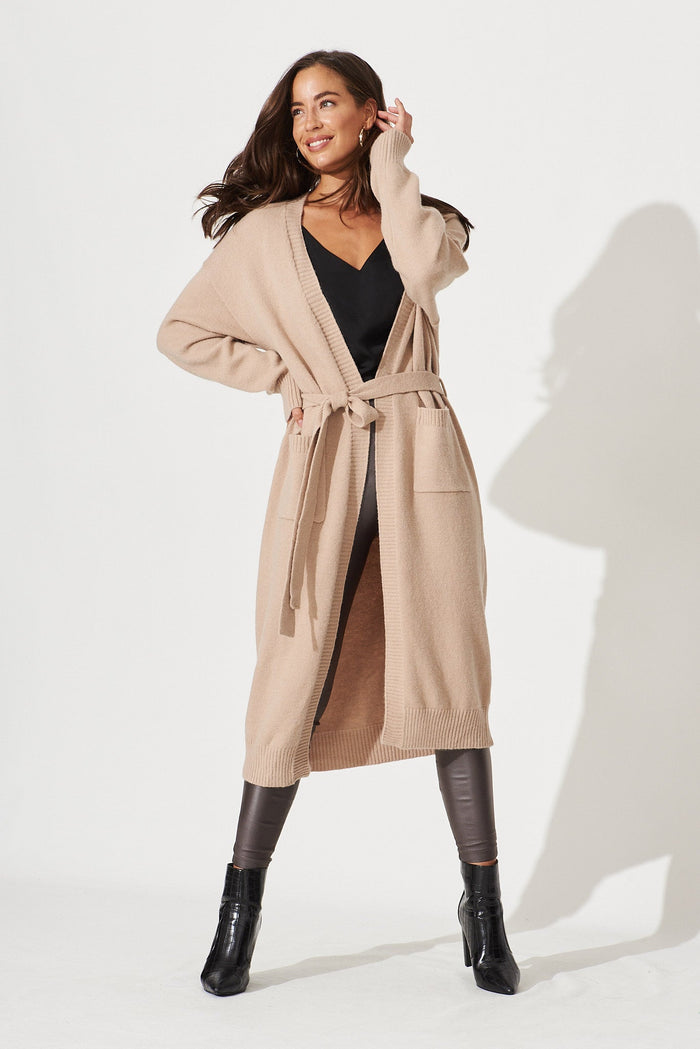 Luana Long Knit Cardigan In Camel Wool Blend - full length