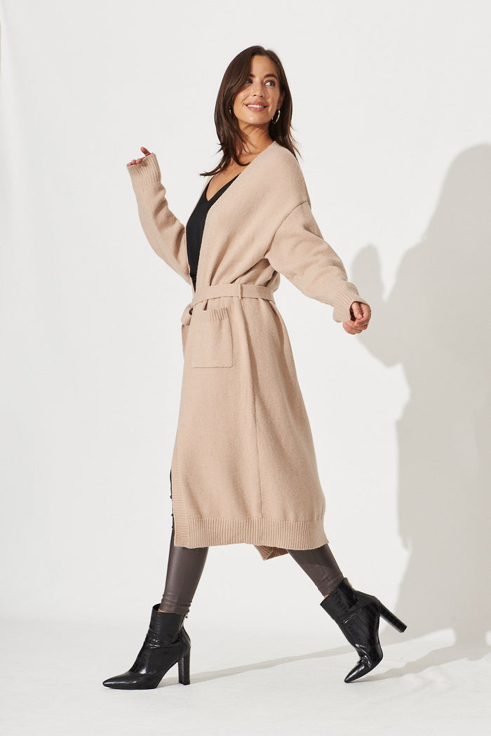 Luana Long Knit Cardigan In Camel Wool Blend - side
