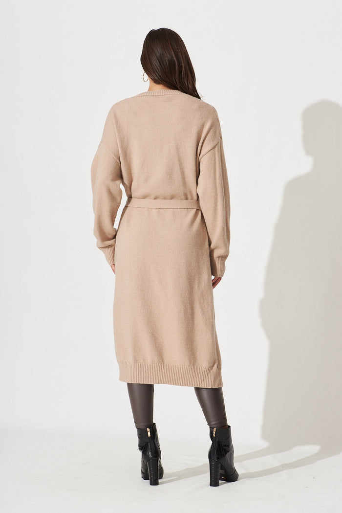 Luana Long Knit Cardigan In Camel Wool Blend - back