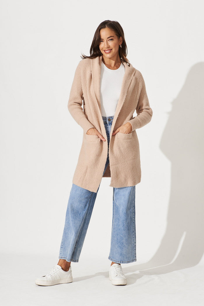 Minami Hood Cardigan In Camel Wool Blend - full length