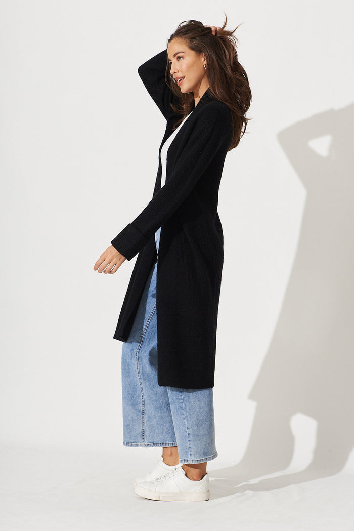 Tilos Knit Cardigan In Black Wool Blend - side