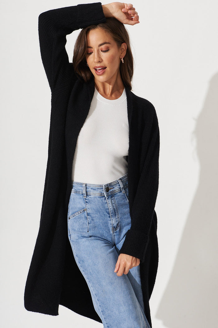 Tilos Knit Cardigan In Black Wool Blend - front