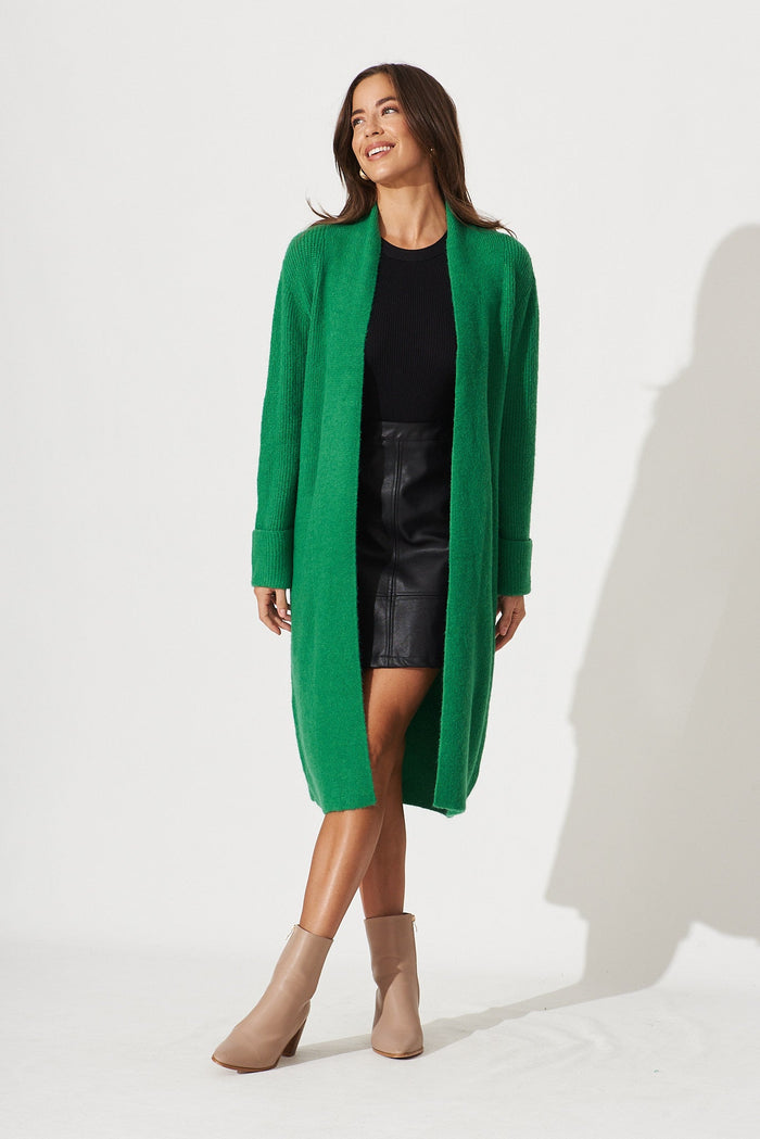 Tilos Knit Cardigan In Green Wool Blend - full length