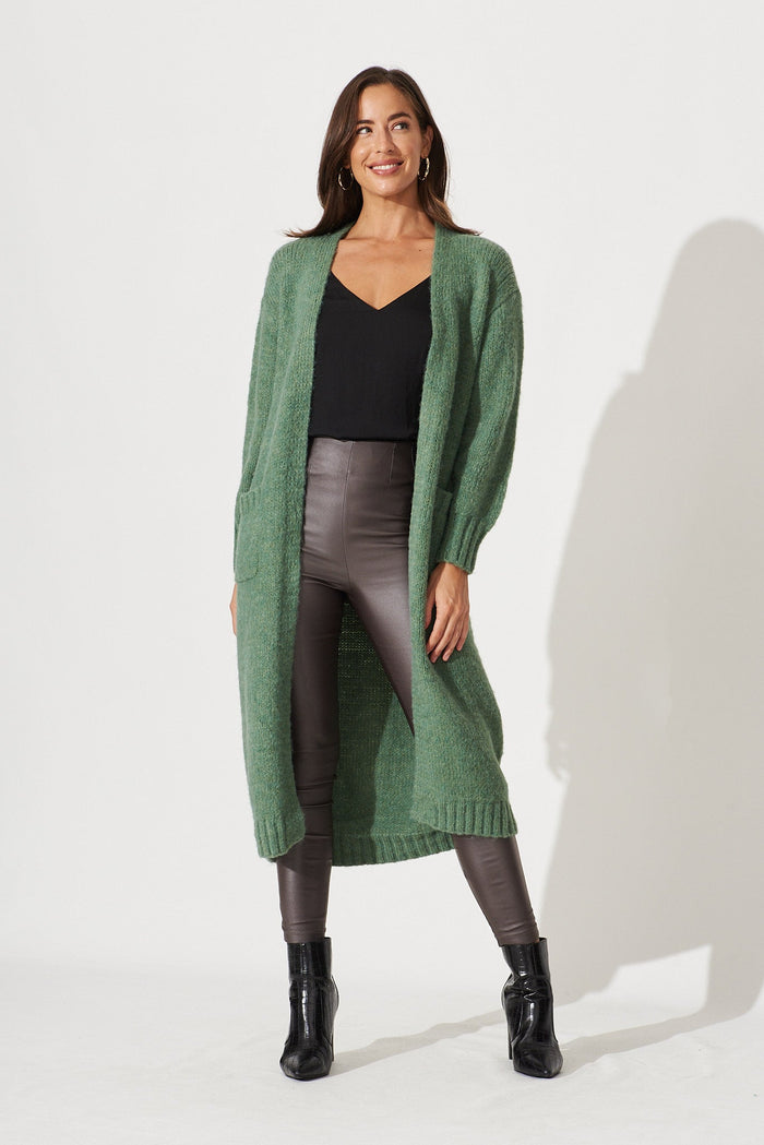 Minna Knit Cardigan In Green Wool Blend - full length