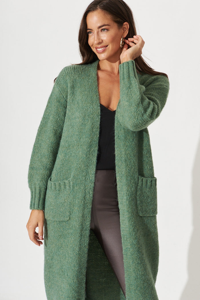 Minna Knit Cardigan In Green Wool Blend - front