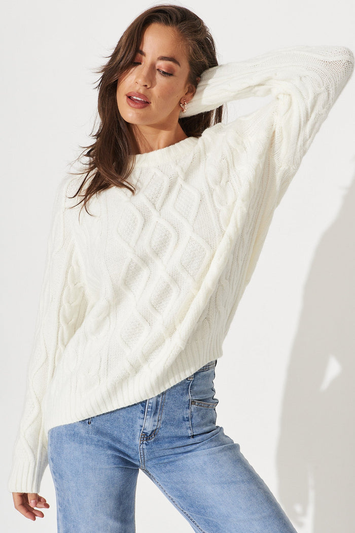 Ivana Cable Knit In Cream Wool Blend - front