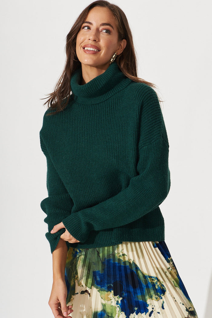 Anguilla Roll Neck Knit In Emerald Wool Blend - front