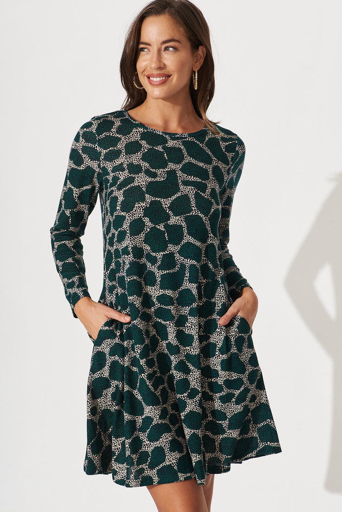 Maslin Knit Dress In Green With Grey Print - front