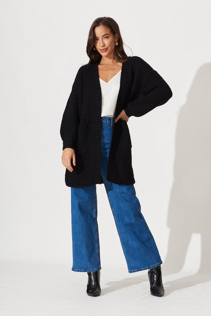 Ravensden Knit Cardigan In Black Wool Blend - full length