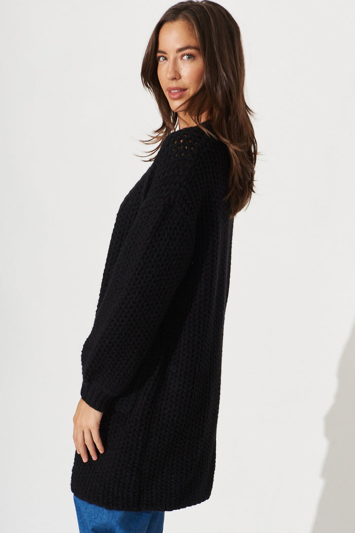Ravensden Knit Cardigan In Black Wool Blend - side