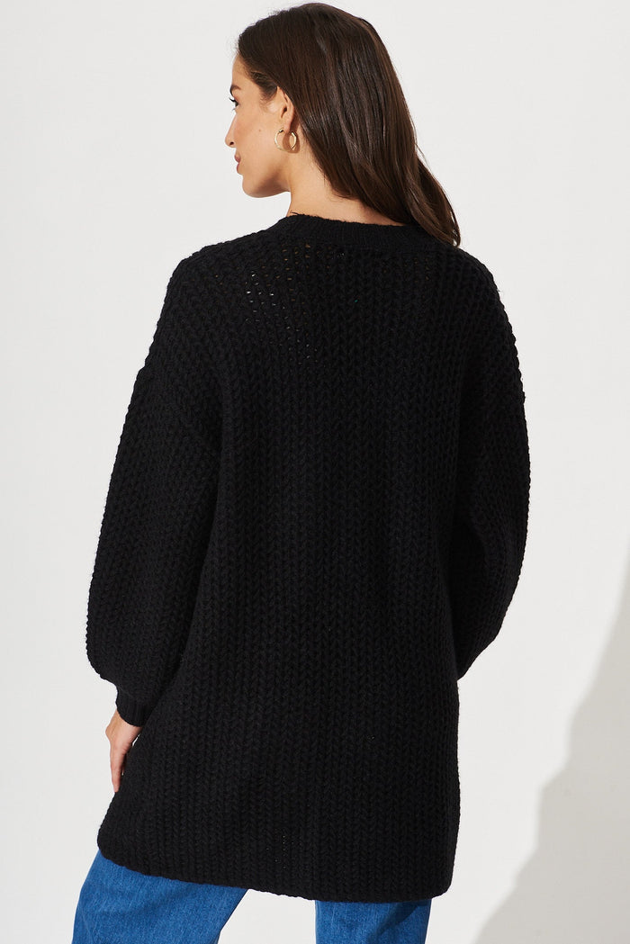 Ravensden Knit Cardigan In Black Wool Blend - back