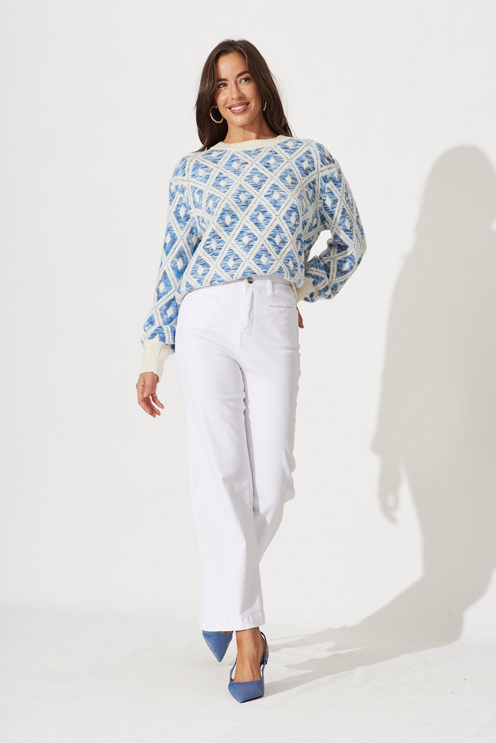 Mihiro Knit In Beige With Blue Intarsia Wool Blend - full length