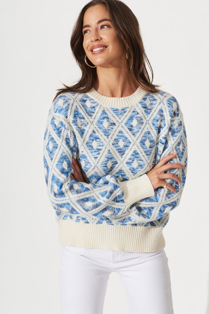 Mihiro Knit In Beige With Blue Intarsia Wool Blend - front