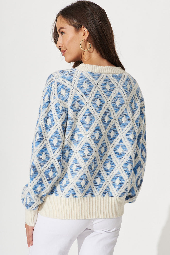Mihiro Knit In Beige With Blue Intarsia Wool Blend - back