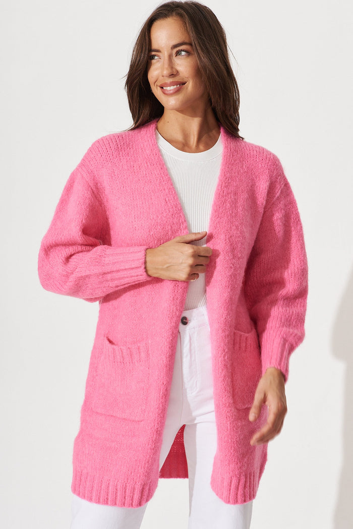 Hiroka Knit Cardigan In Candy Pink Wool Blend - front