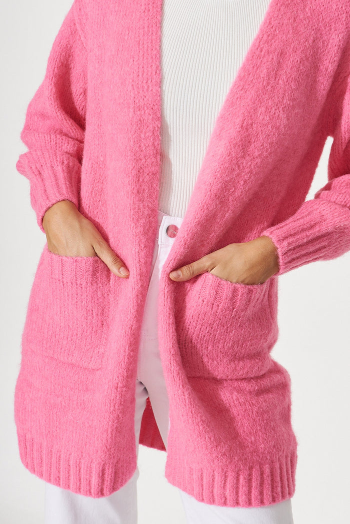 Hiroka Knit Cardigan In Candy Pink Wool Blend - detail