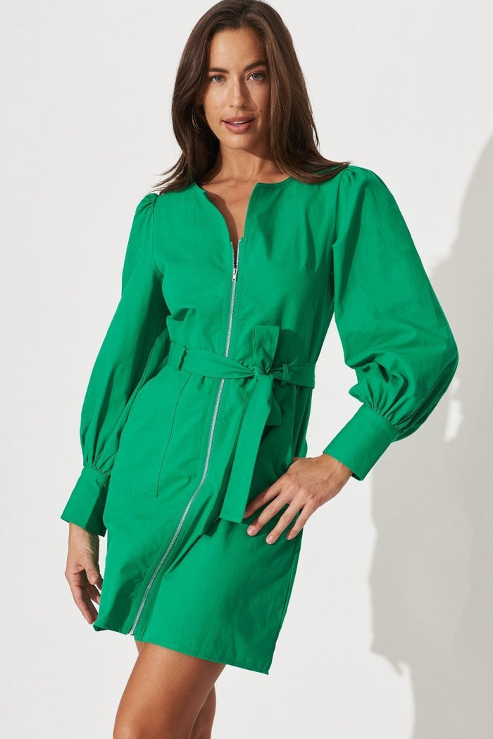 Cheviot Zip Dress In Green Cotton - St Frock (Dev)
