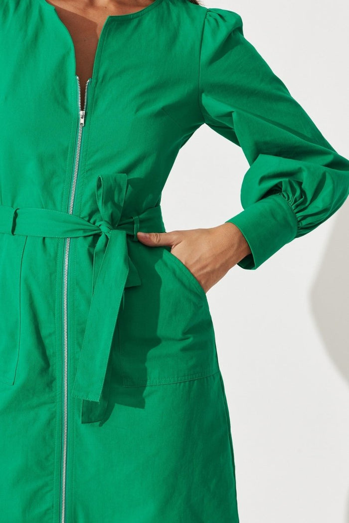 Cheviot Zip Dress In Green Cotton - St Frock (Dev)