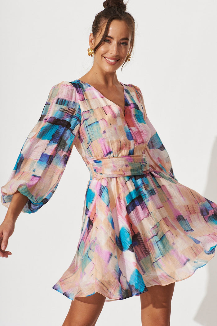 Bribie Dress In Purple With Blue Multi Print - front