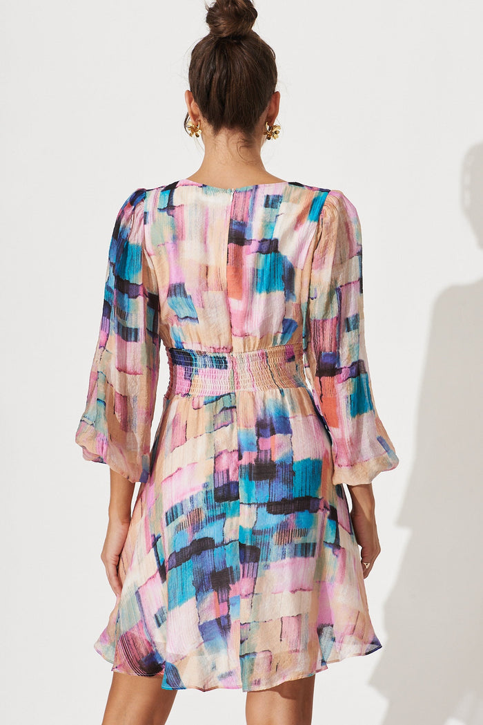 Bribie Dress In Purple With Blue Multi Print - back