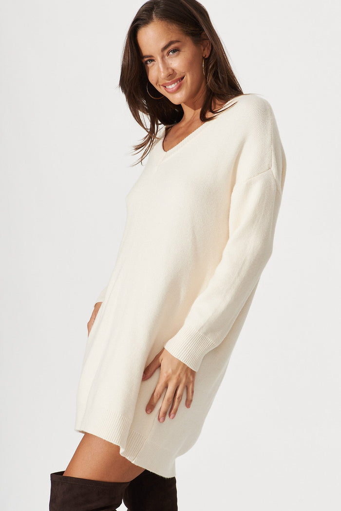 Malo Knit Tunic In Beige Wool Blend - side