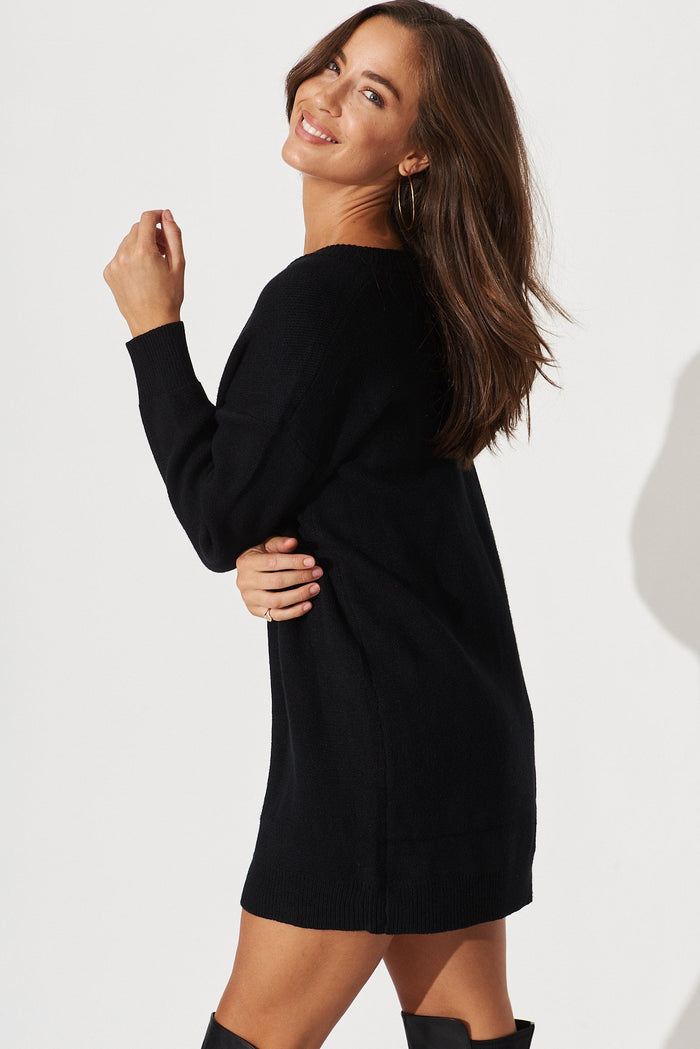 Malo Knit Tunic In Black Wool Blend - side