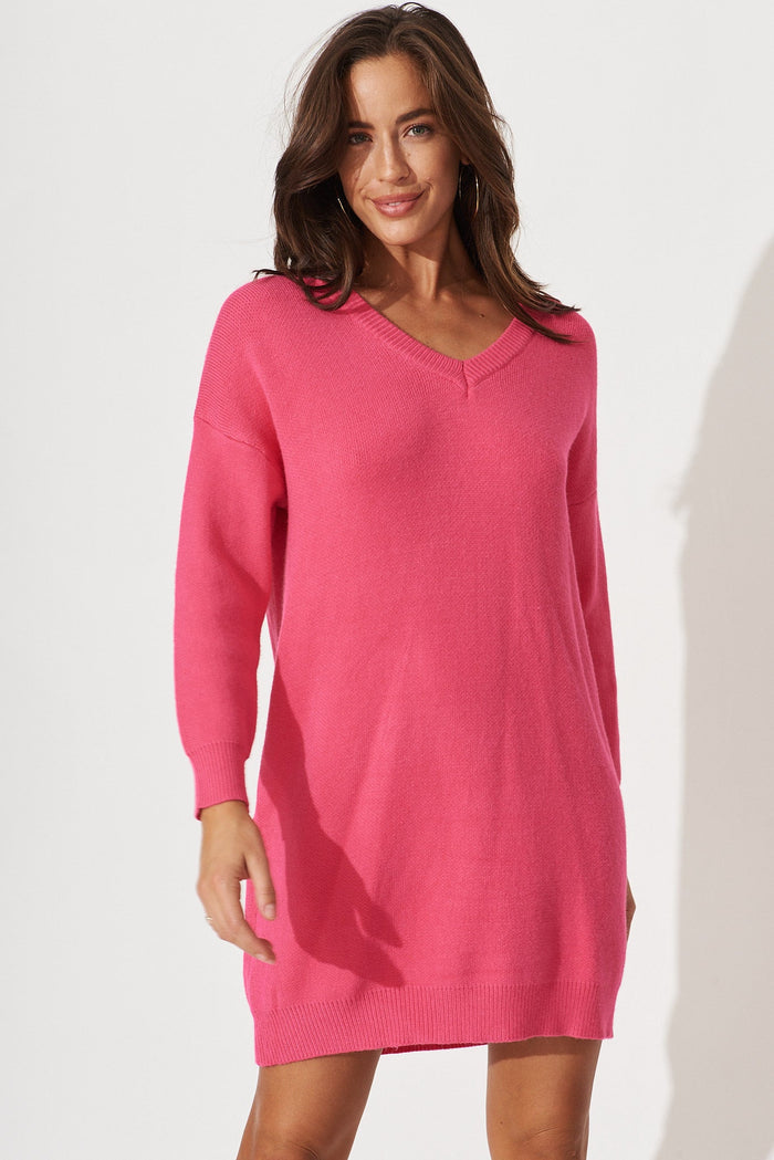 Malo Knit Tunic In Fuschia Wool Blend - front
